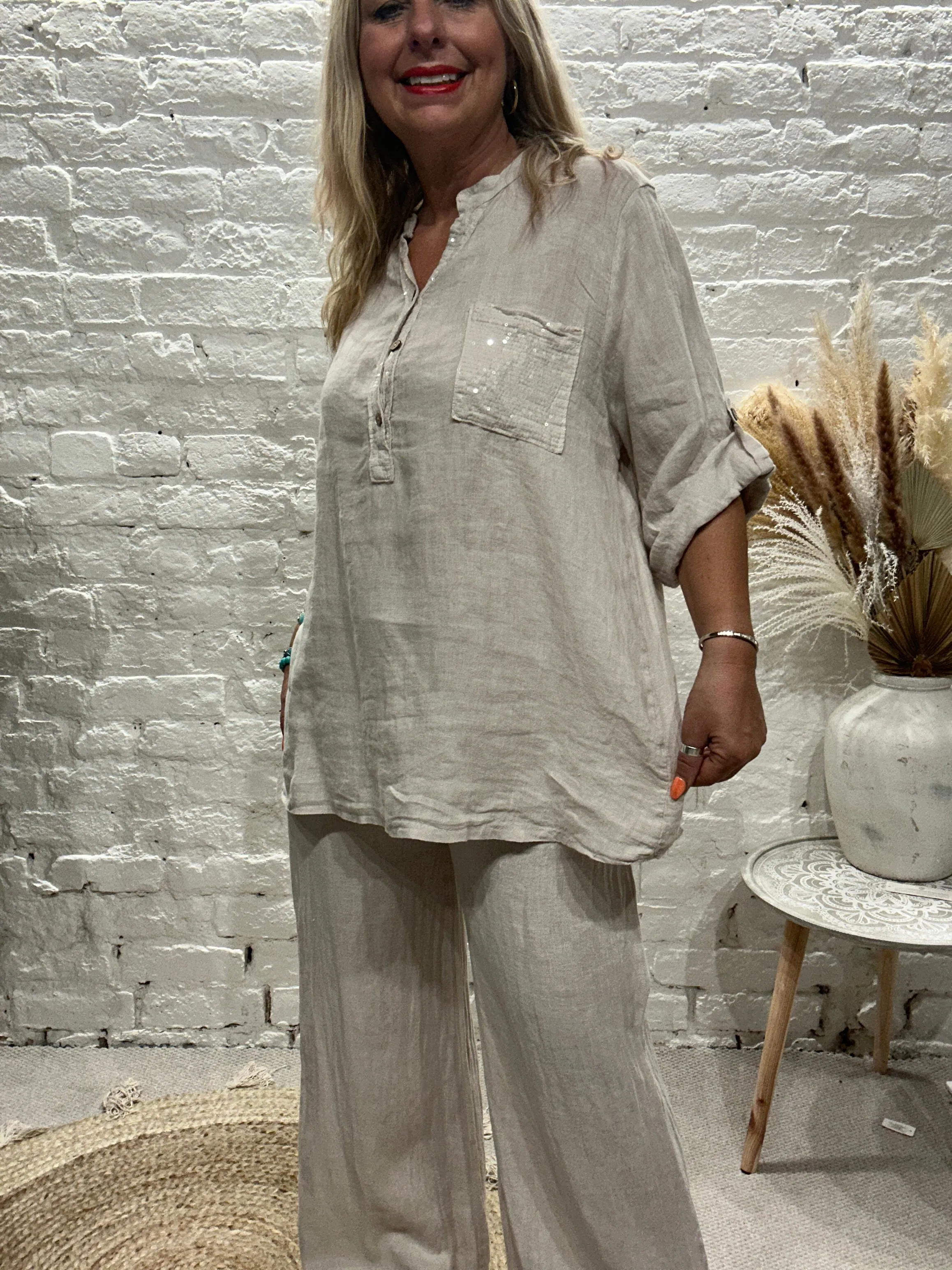 Eden 100% Linen Sequin Pocket Button Top Shirt E23