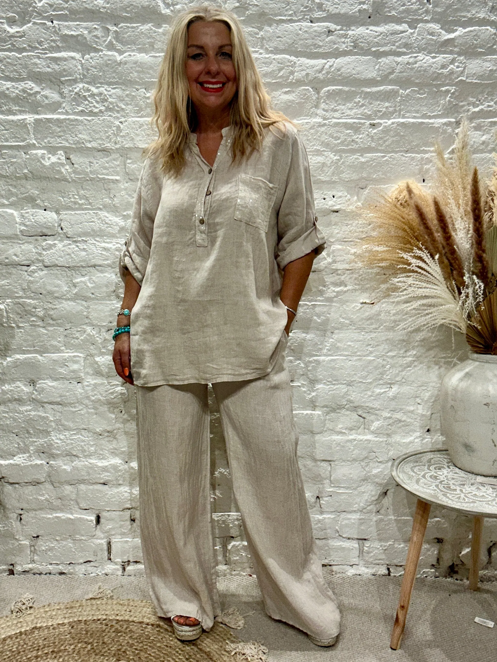 Eden 100% Linen Sequin Pocket Button Top Shirt E23