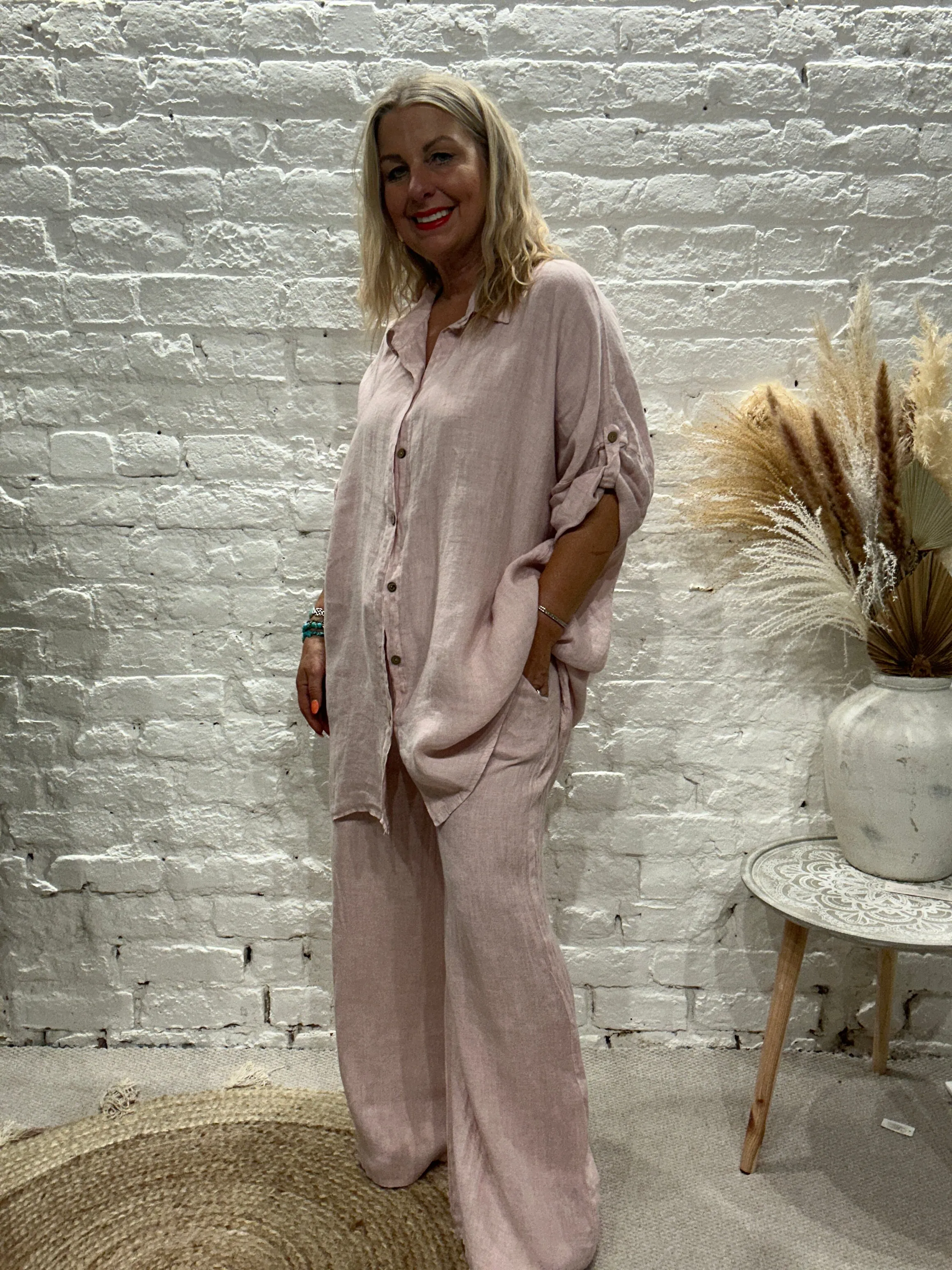Eden 100% Linen Sequin Pocket Button Top Shirt E23