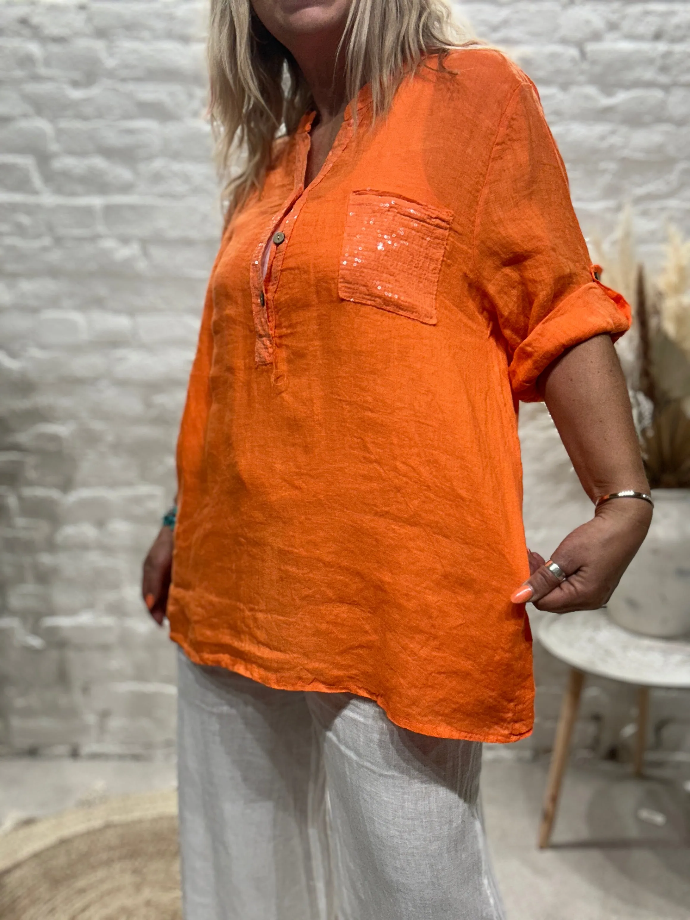 Eden 100% Linen Sequin Pocket Button Top Shirt E23
