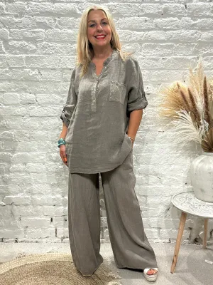 Eden 100% Linen Sequin Pocket Button Top Shirt E23