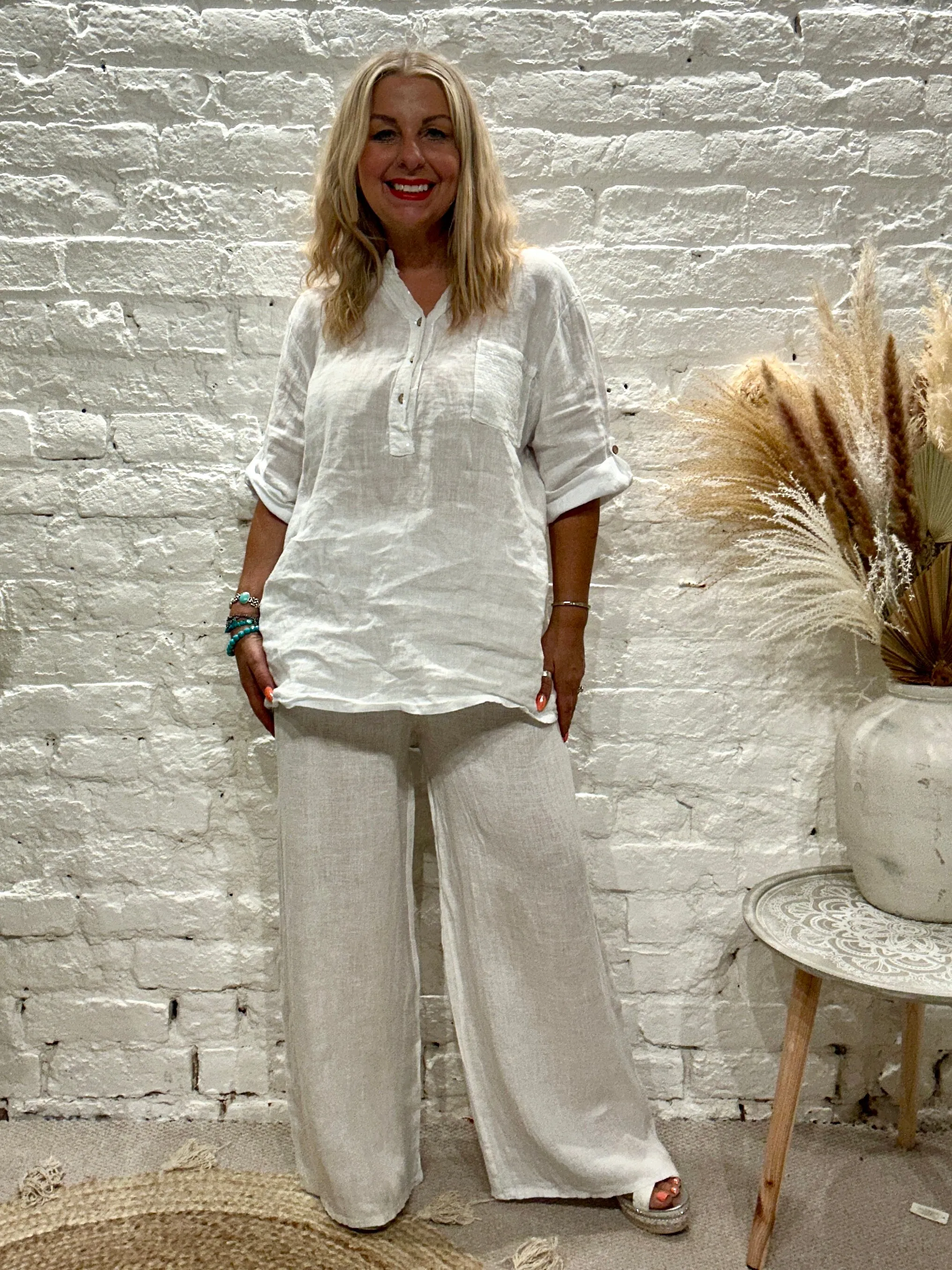 Eden 100% Linen Sequin Pocket Button Top Shirt E23