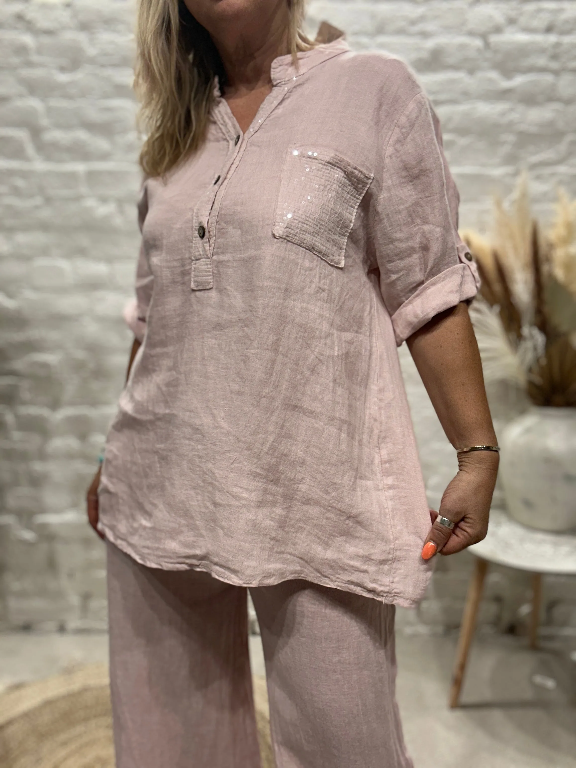 Eden 100% Linen Sequin Pocket Button Top Shirt E23