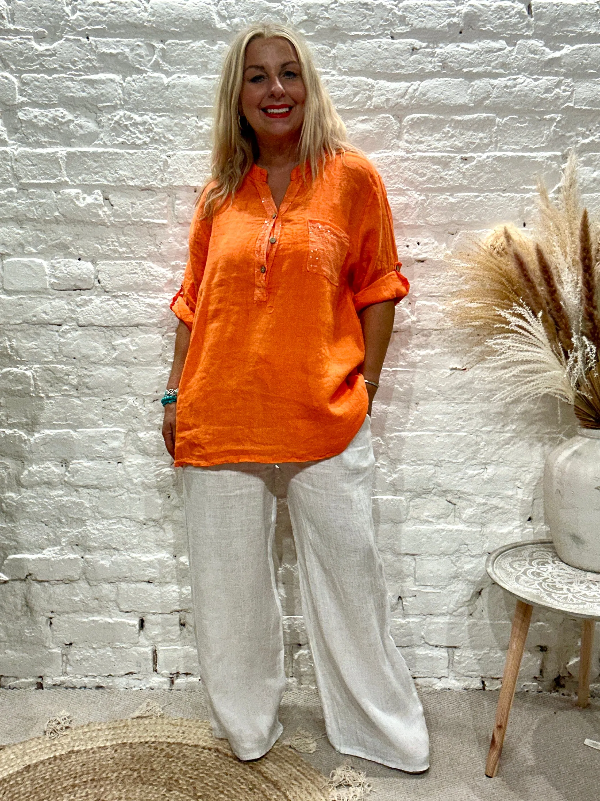 Eden 100% Linen Sequin Pocket Button Top Shirt E23