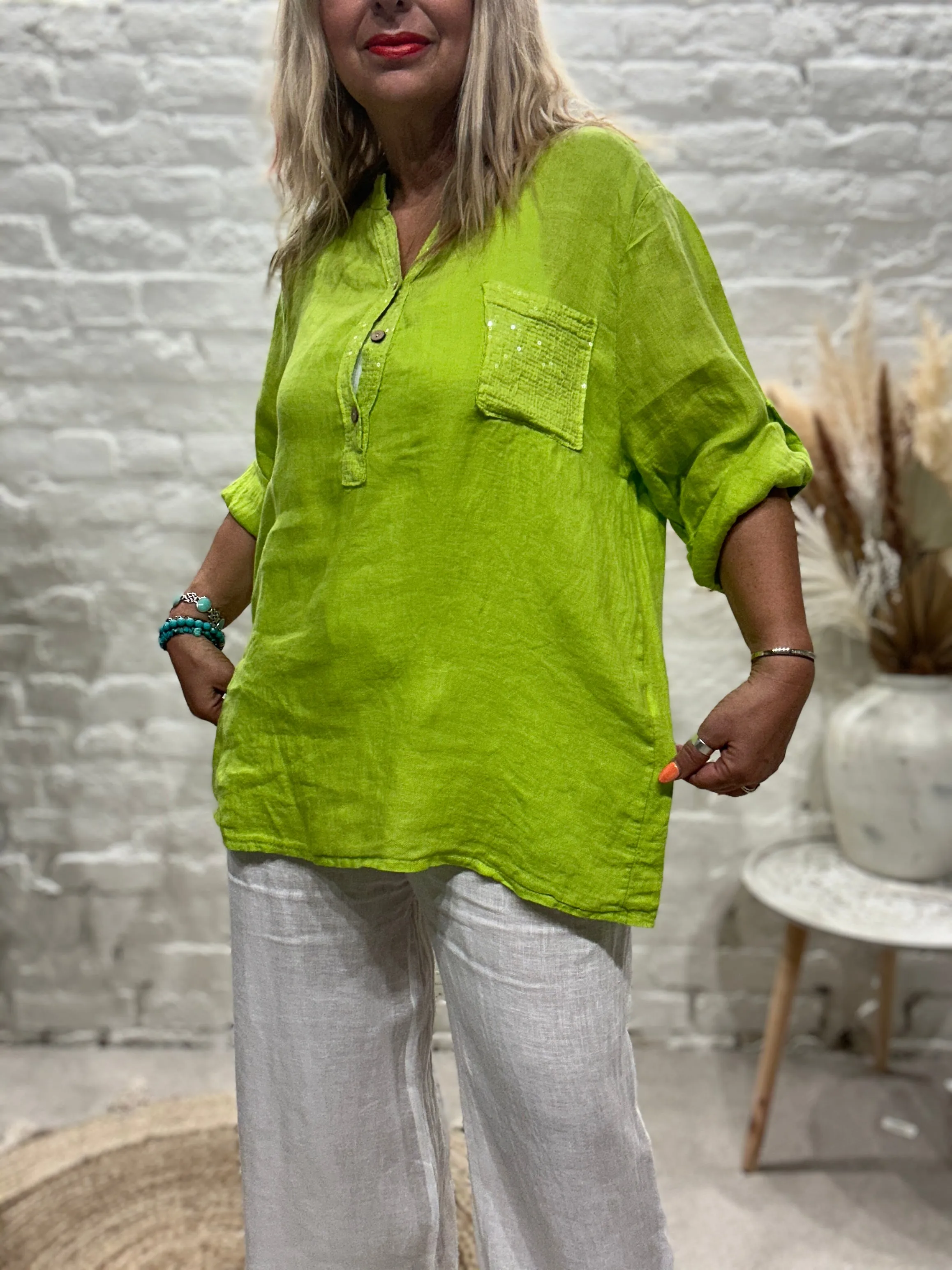 Eden 100% Linen Sequin Pocket Button Top Shirt E23