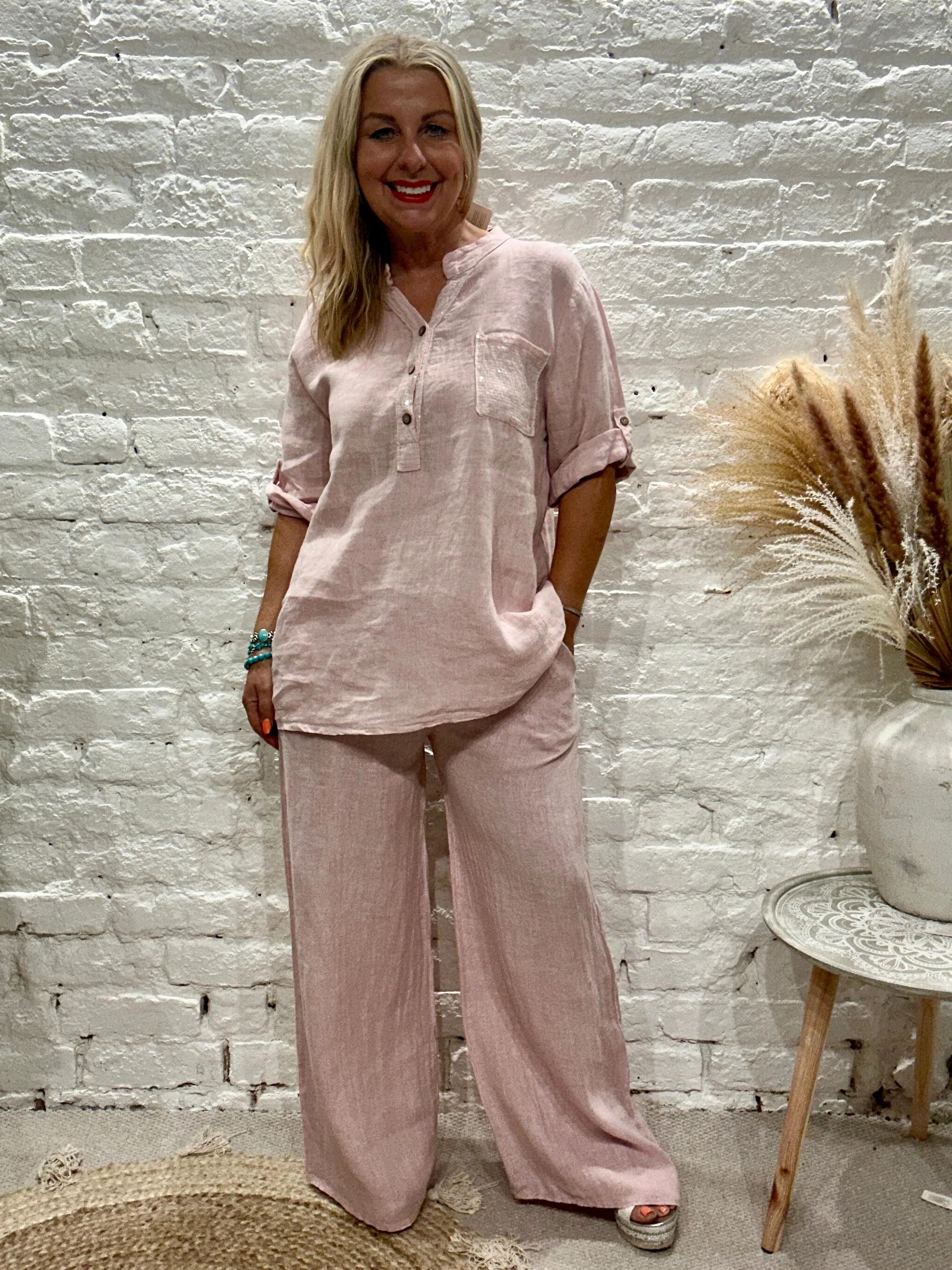 Eden 100% Linen Sequin Pocket Button Top Shirt E23