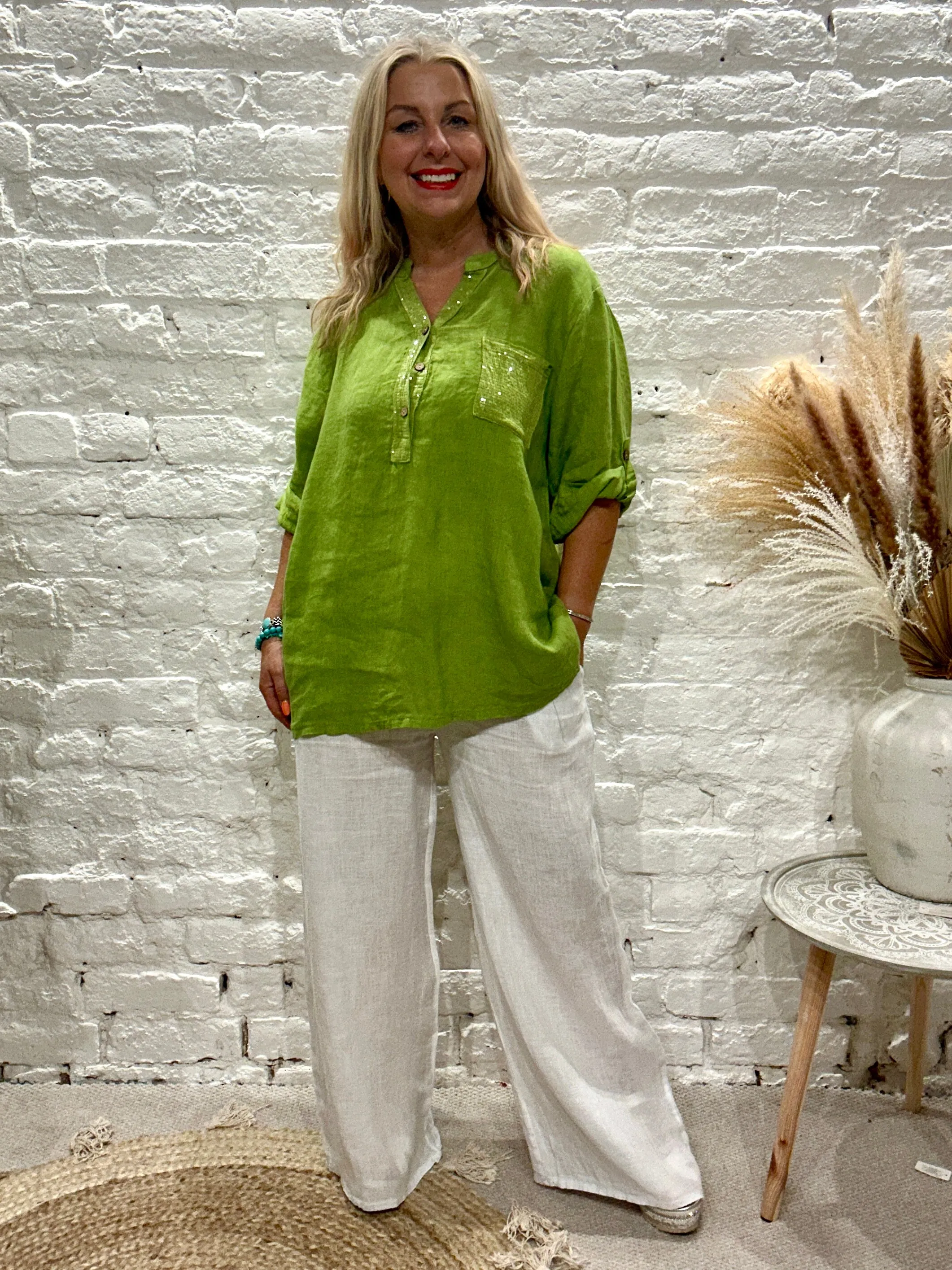 Eden 100% Linen Sequin Pocket Button Top Shirt E23