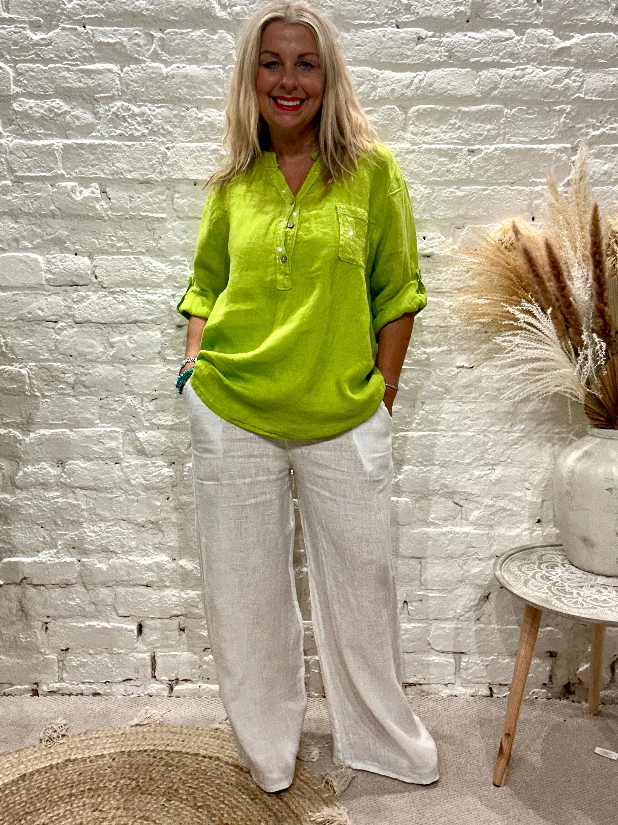 Eden 100% Linen Sequin Pocket Button Top Shirt E23