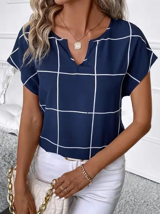 Fashion Plaid Print Notched Neck Shirt