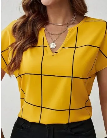 Fashion Plaid Print Notched Neck Shirt