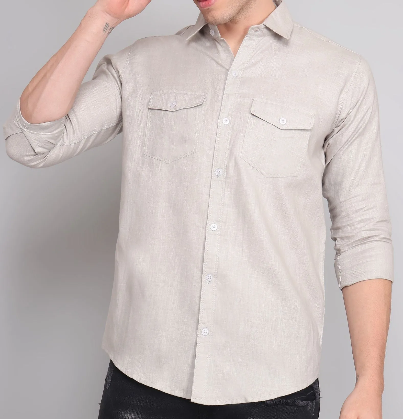 Grey Solid Double Pocket Men's Shirt