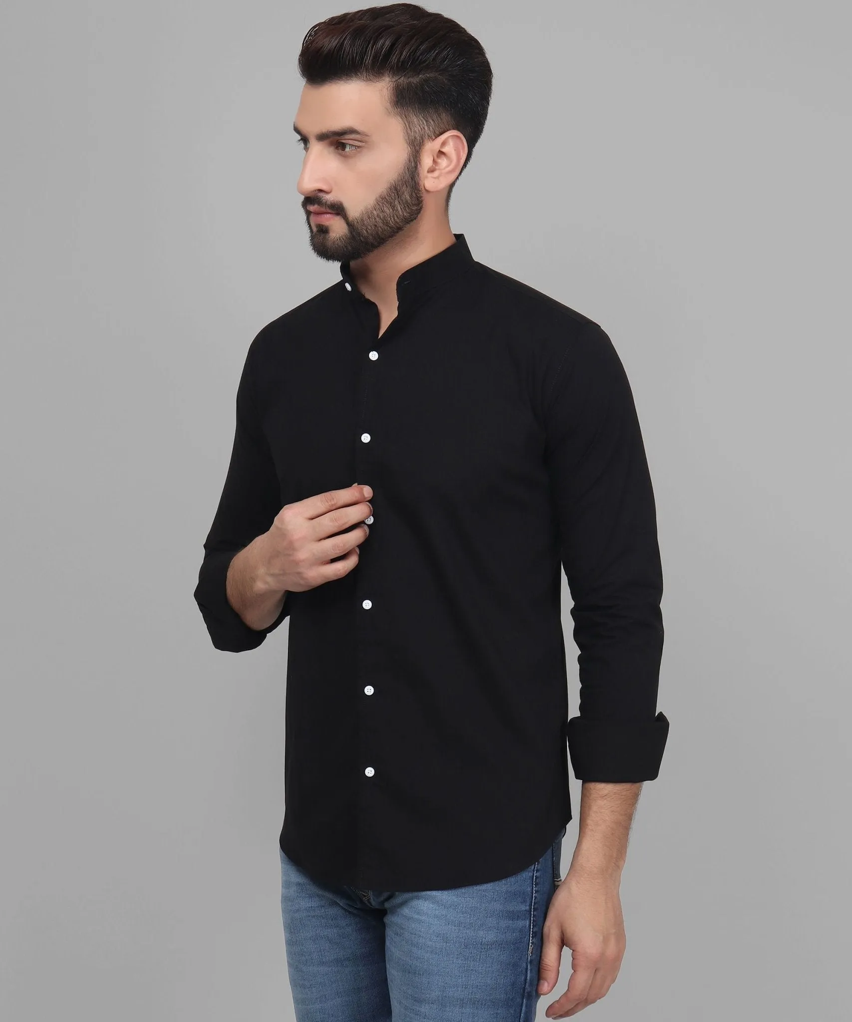 TryBuy Exclusive Men's Black Solid Band Casual Cotton Shirt