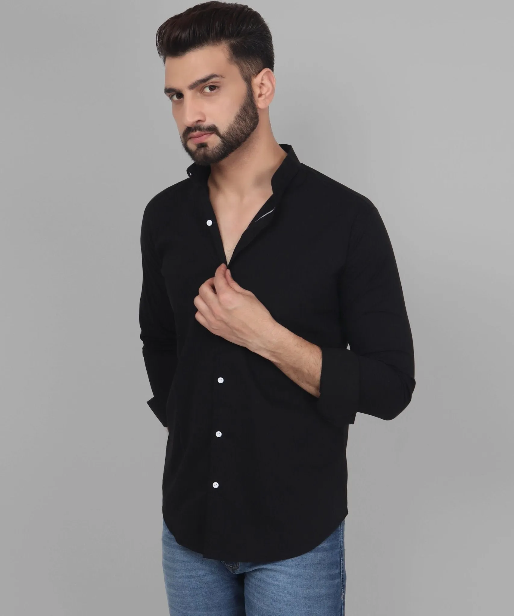 TryBuy Exclusive Men's Black Solid Band Casual Cotton Shirt