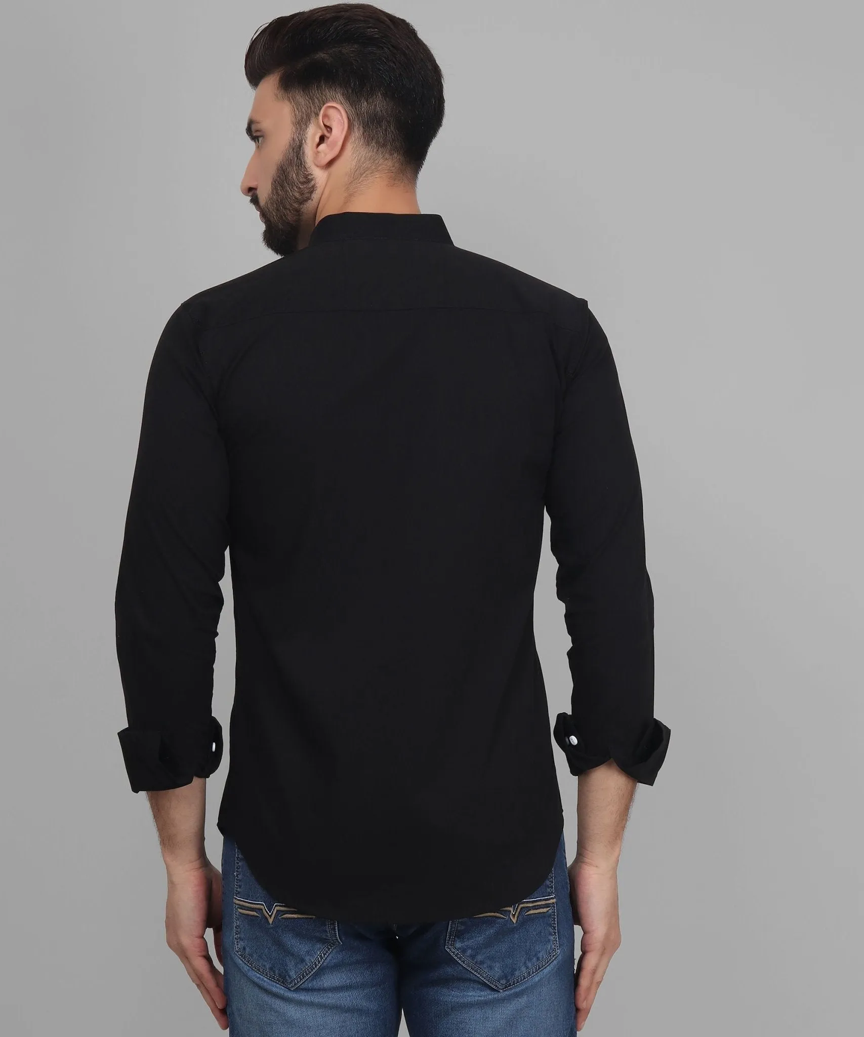 TryBuy Exclusive Men's Black Solid Band Casual Cotton Shirt