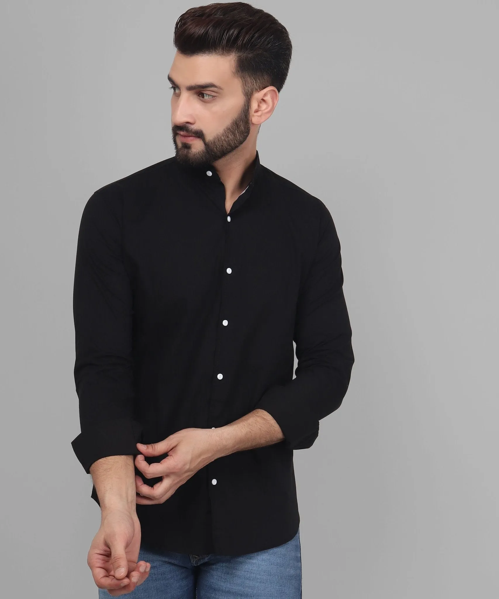 TryBuy Exclusive Men's Black Solid Band Casual Cotton Shirt