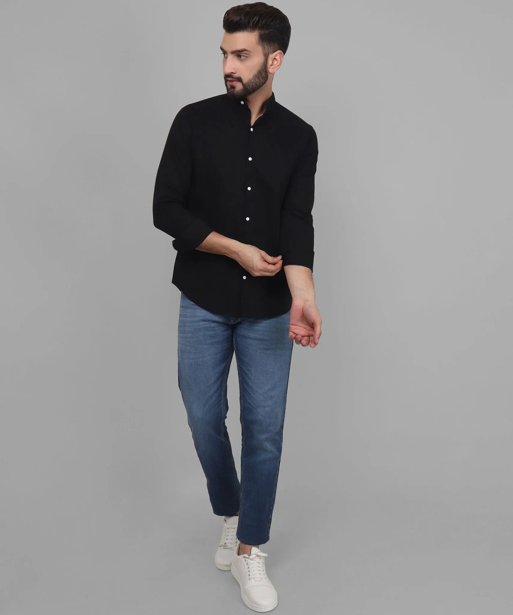 TryBuy Exclusive Men's Black Solid Band Casual Cotton Shirt