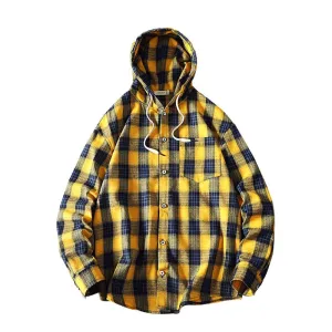 West Louis Streetwear Plaid Loose With Hooded Shirt