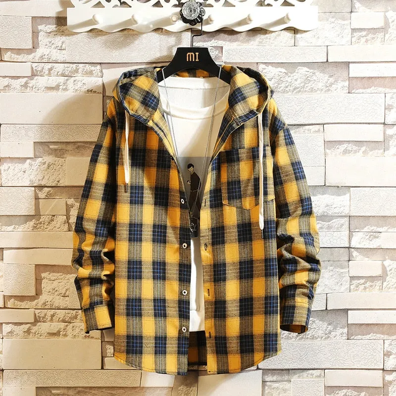 West Louis Streetwear Plaid Loose With Hooded Shirt