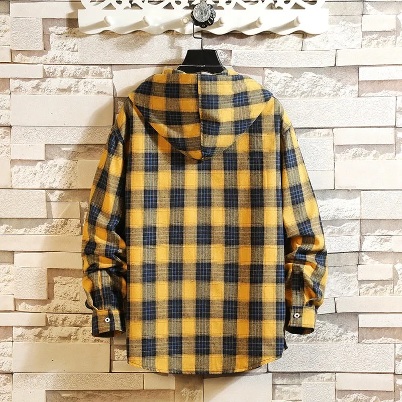 West Louis Streetwear Plaid Loose With Hooded Shirt