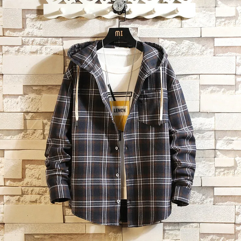 West Louis Streetwear Plaid Loose With Hooded Shirt
