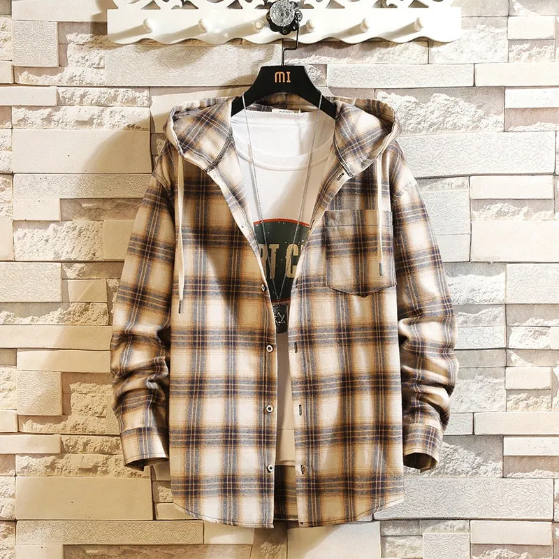 West Louis Streetwear Plaid Loose With Hooded Shirt