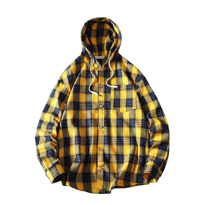 West Louis Streetwear Plaid Loose With Hooded Shirt